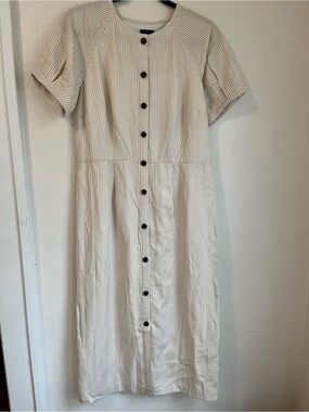 Ann Taylor Cream and Beige Striped Button-Front Midi Dress